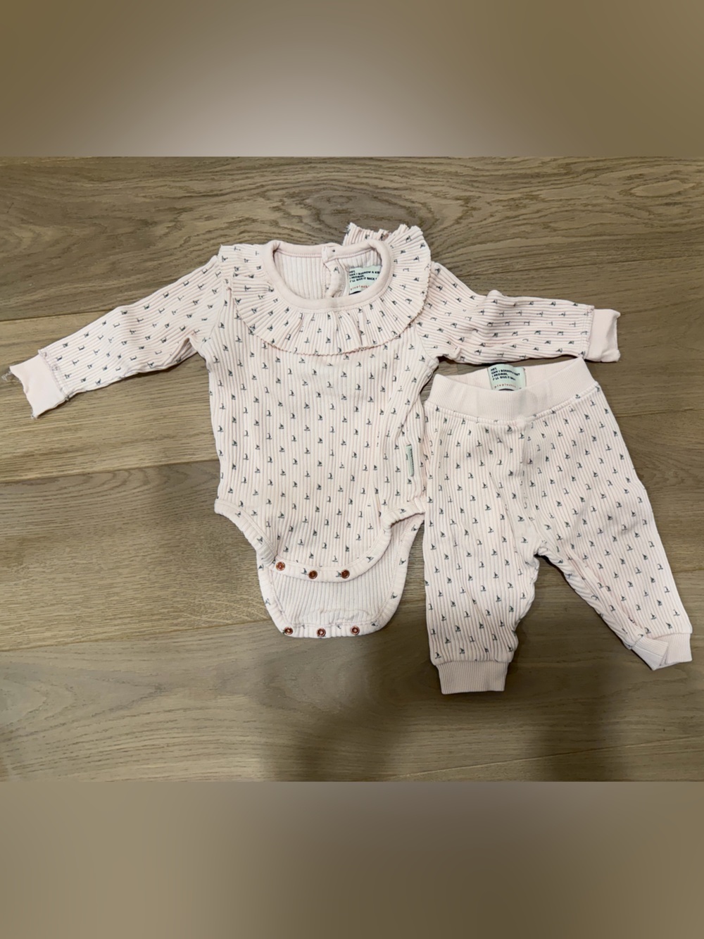 Piupiuchick Pink Ruffle-Trim Ribbed Baby One-Piece Bodysuit and Matching Pants